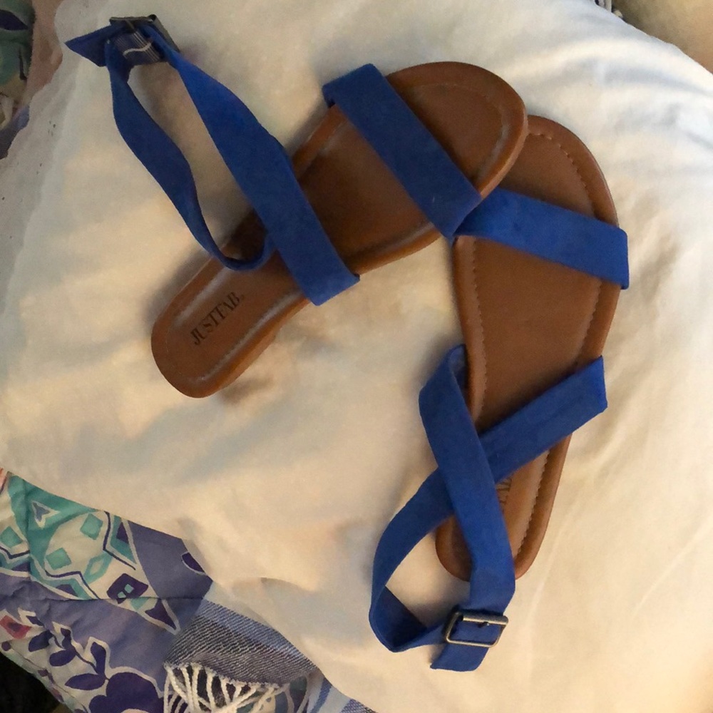 Blue ankle strap sandal.